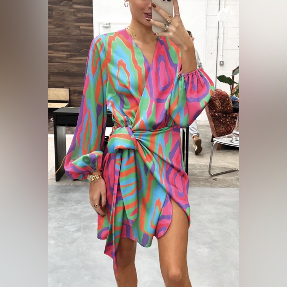 Boutique Vibrant Multicolor Wrap Dress